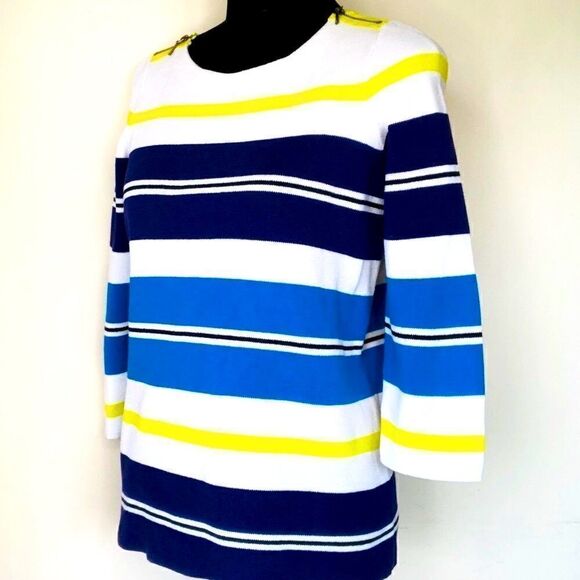 Ann Taylor LOFT 3/4 Sleeve Striped Sweater, White Blue Green - Picture 2 of 10